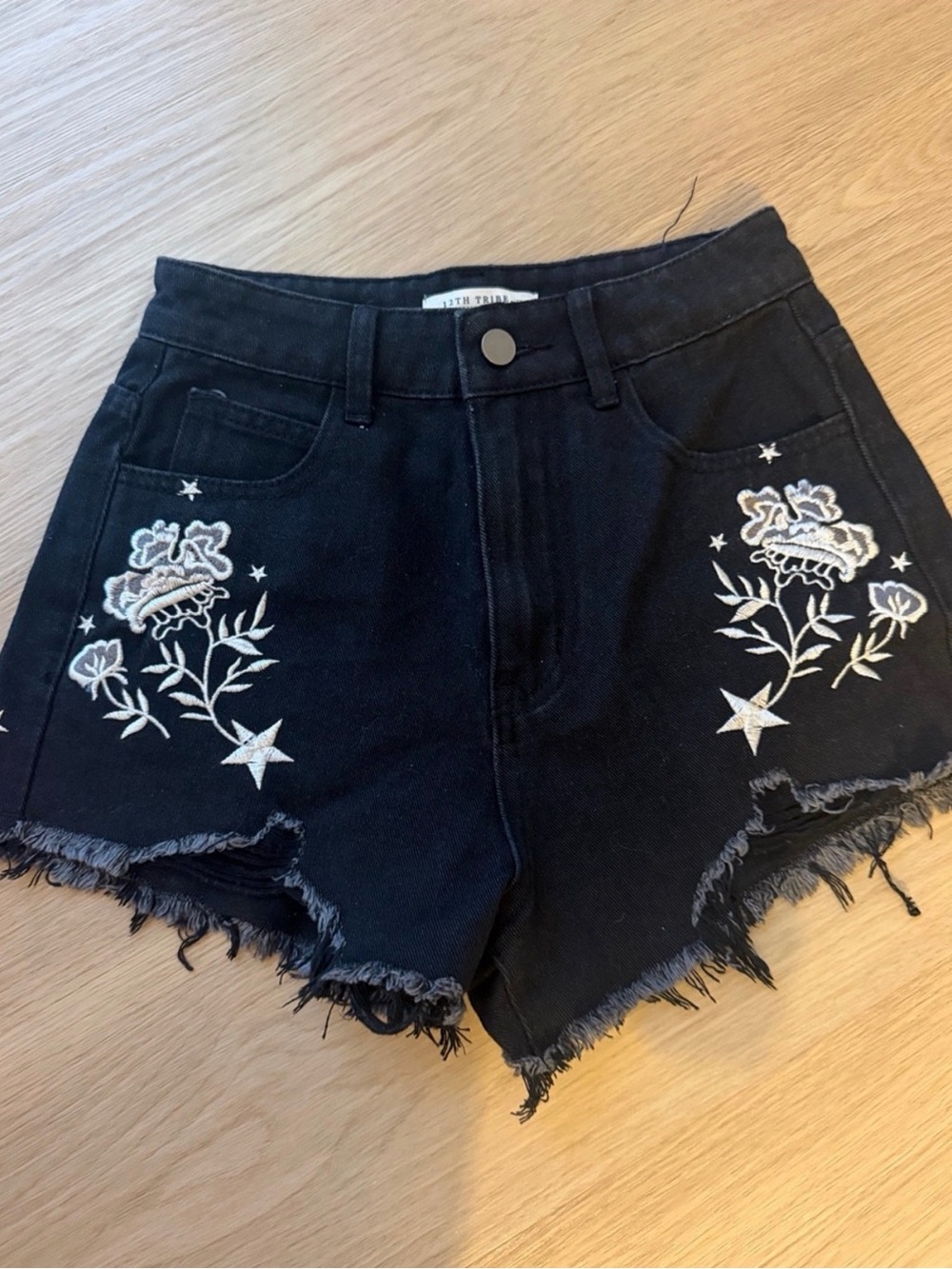 NWOT 12th Tribe Black High-Rise Embroidered Star & Floral Denim Shorts